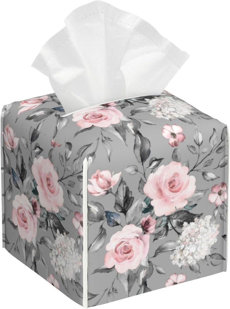 sndheke Pink Rose Flowers Tissue Box Cover Square,Colorful Spring Floral Tissue Box Holder Waterproof Leather Facial Paper Organizer Dispenser for Bathroom Home Car Nightstand Vanity Desk - Image 1